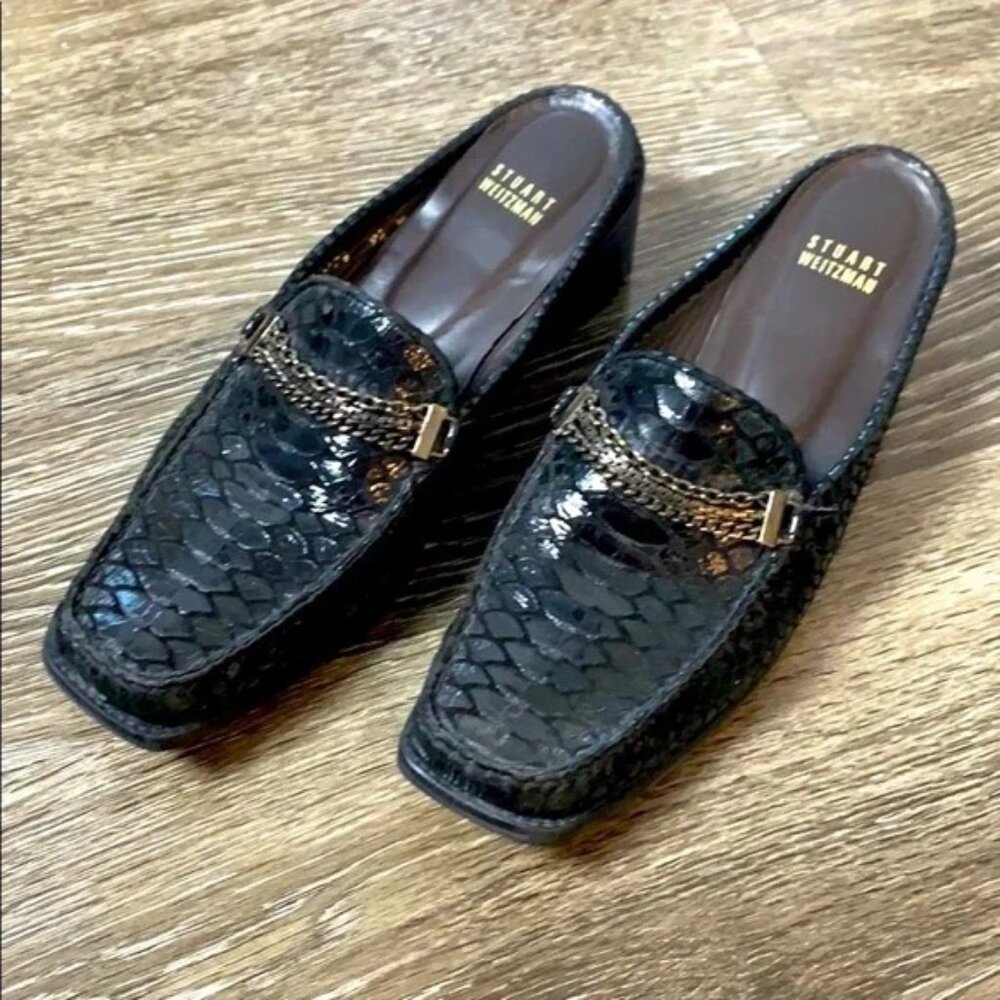 Stuart Weitzman Snake Print Fabric Square-Toe Loafer Mules with Chains